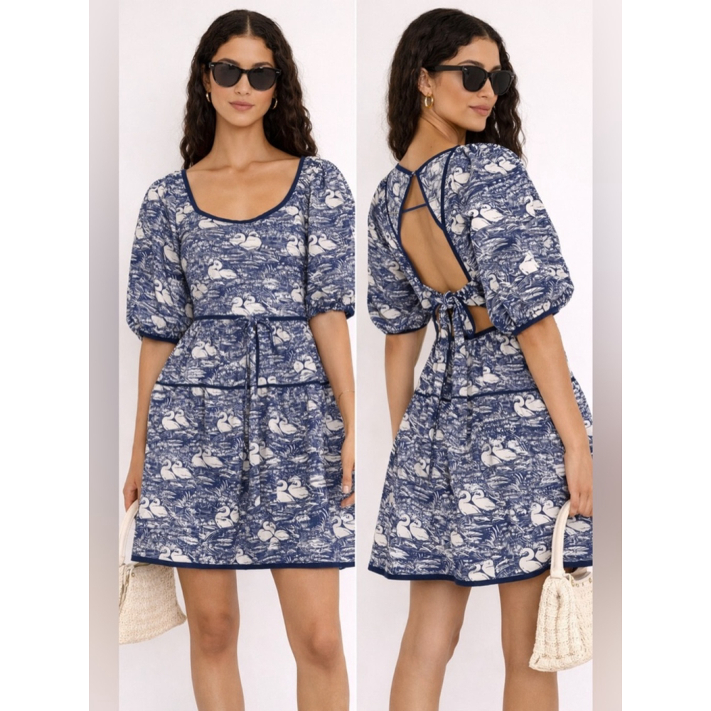 Laura Ashley Urban Outfitters Swan Print Mini Dress XS Blue 
 Puff Sleeve Dress